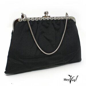 Vintage Black Faille Purse - Cocktail Evening Bag w Rhinestone Trim
